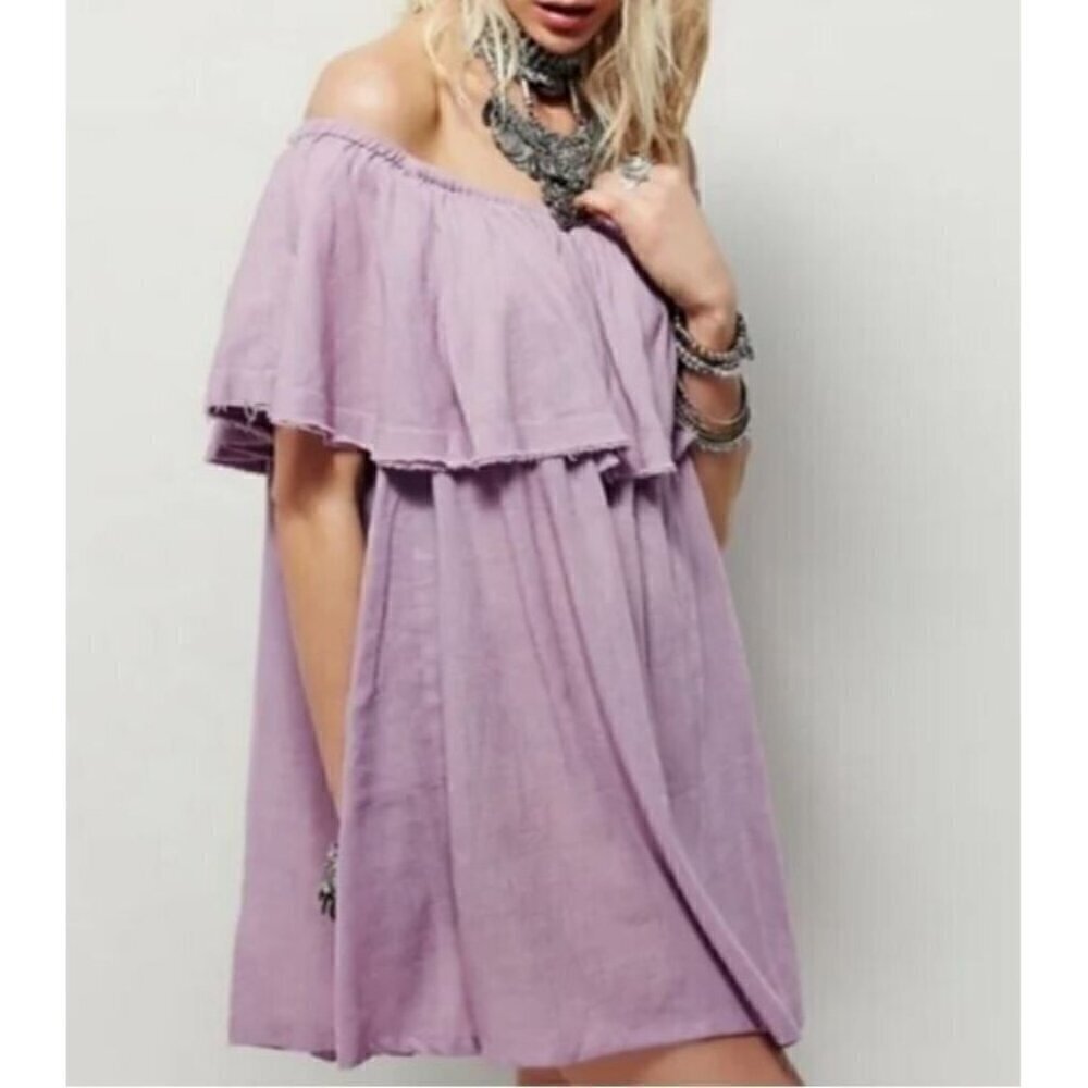 Free People Dress Womens XS Lilac Purple Serafina Off the Shoulder Tassel Boho